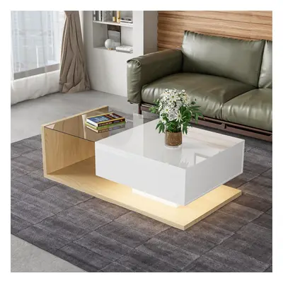 (High-gloss White and Wood Color Combination) Coffee Table with Glass and LED