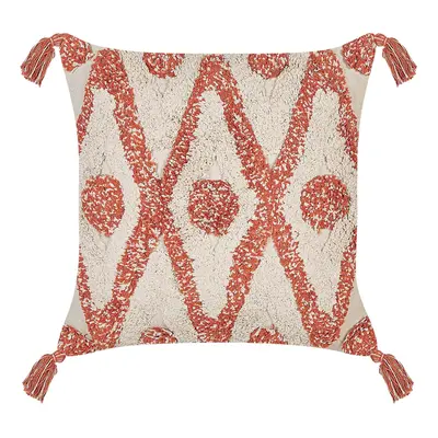 Tufted Cotton Cushion with Tassels x cm Beige and Orange HICKORY