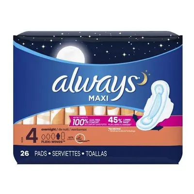 Always Maxi Overnight Pads with Wings, Unscented, Size 4, ct