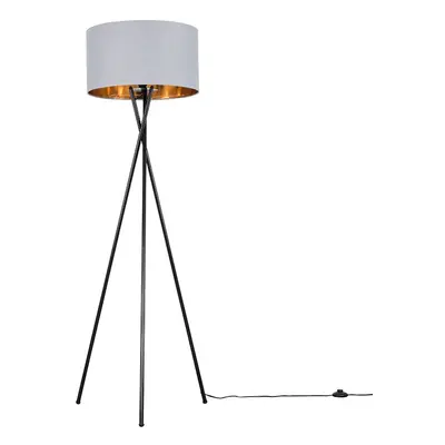 Modern Gloss Black Metal Tripod Floor Lamp with a Grey & Gold Cylinder Shade - Complete with a 6