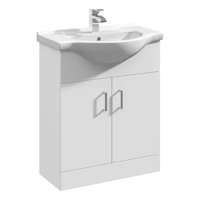 2 Door Vanity Basin Unit with Round Basin - 650mm - Gloss White