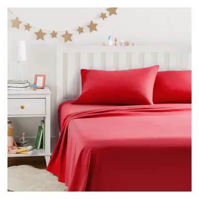 Amazon Basics Kid's Soft Easy-Wash Lightweight Microfiber 4-Piece Sheet Set Full Red Solid