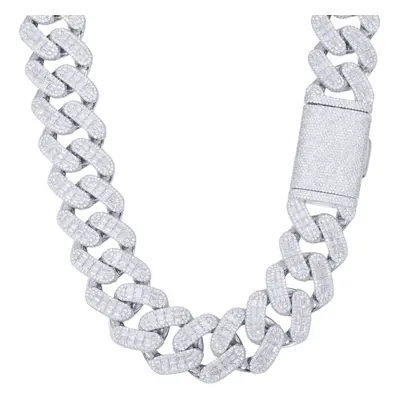 (26) Jewelco London Men's Rhodium Silver White Baguette CZ Encrusted Square Curb Chain Necklace 