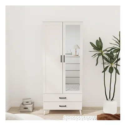 (White) 180cm Mirror Wardrobe Door Drawer Bedroom Clothes Storage Hanging Rail