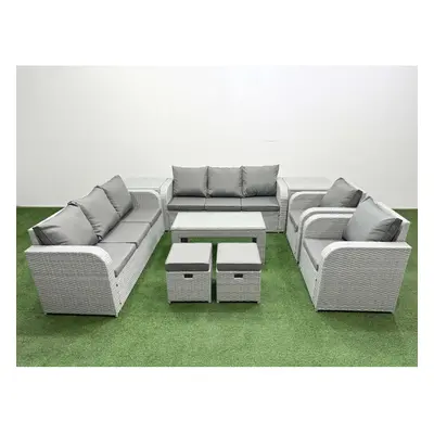 Fimous PE Rattan High Back Lounge Sofa Set Patio Oblong Coffee Table & Chairs Set with Stools Si