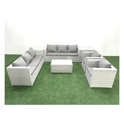 Fimous Outdoor Rattan Sofa Garden Furniture Set with Armchairs Oblong Coffee Table Side Tables L