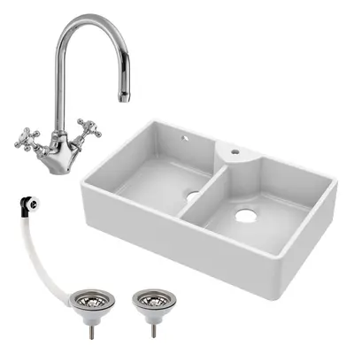 895mm - Double Bowl Fireclay Butler Kitchen Sink - Overflow, Mixer Tap & Waste