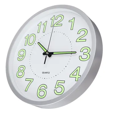 (Silver) 12'' Luminous Wall Clock Glow In The Dark Silent Quartz Indoor Outdoor Home