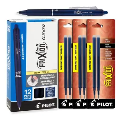 Pilot FriXion Clicker Retractable Gel Ink Pens Eraseable Fine Point 0.7mm Navy Blue Ink Pack of 