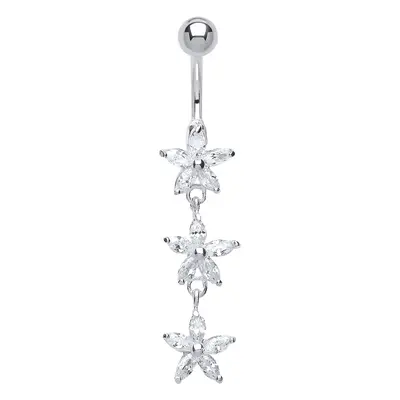 Jewelco London Sterling Silver Marquise Cubic Zirconia Trilogy Daisy with Stainless Steel Belly 