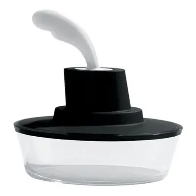 A Di Alessi Ship Shape Container with Small Spatula in 18/10 Stainless Steel and Thermoplastic R