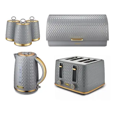 Tower Empire Grey Jug Kettle Slice Toaster Bread Bin & Canisters Set