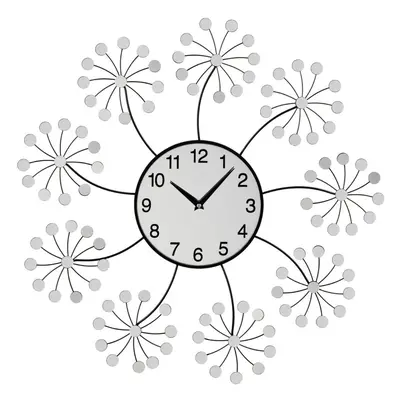 Mirrored Finish Floral Design Wall Clock, Silver