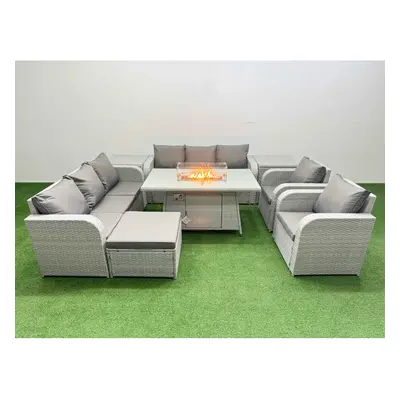 Fimous PE Rattan Set Patio Firepit Dining Table & Chairs Set with Seater Sofa Reclining Chair Bi