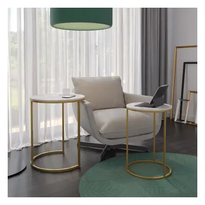 (White Ash Top with Gold Legs) Pcs Round Nesting Stackable Sofa Side Bedside End Table Set Wood 