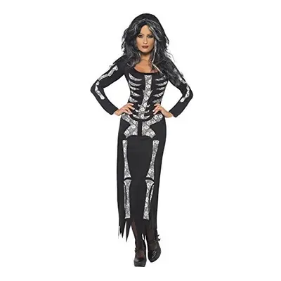 Smiffys Adult Women's Skeleton Costume, Long Sleeved Tube Dress, Legends of Evil, Halloween, Siz