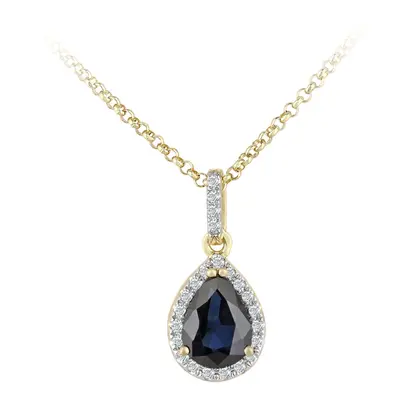 Jewelco London 18ct Yellow Gold Round 7pts Diamond Pear 1ct Sapphire Cluster Pendant Necklace in