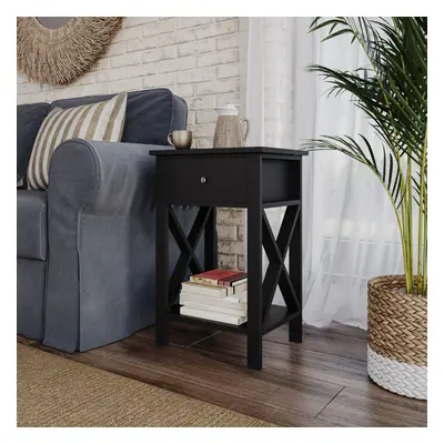 (1x Black) Wooden 1-Drawer Bedside Sofa Side End Table X-Frame Nightstand with Storage Shelf