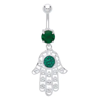 Jewelco London Ladies Sterling Silver Green Crystal CZ Hamsa Hand Solitaire with Stainless Steel