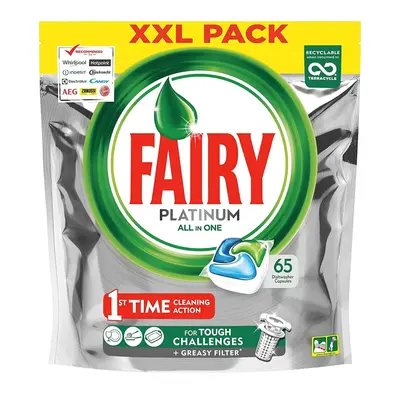 Fairy Platinum Dishwasher Tablets Original All-in-One Soft Pouches - 65 Pack