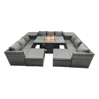 Fimous Rattan Garden Furniture Firepit Dining Set Outdoor Seater Patio with Glass Top Dining Tab