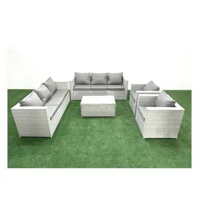 Fimous Outdoor Rattan Sofa Garden Furniture Set with Armchairs Oblong Coffee Table Light Grey Mi