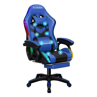 (Blue) ELFORDSON Gaming Office Chair RGB LED Massage Footrest