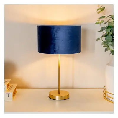 ValueLights Charlie Gold Table Lamp & Navy Velvet & Gold Shade & Bulb