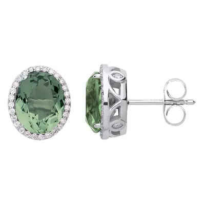 Jewelco London Ladies Sterling Silver Peridot-Green Oval Cubic Zirconia Halo Solitaire Stud Earr