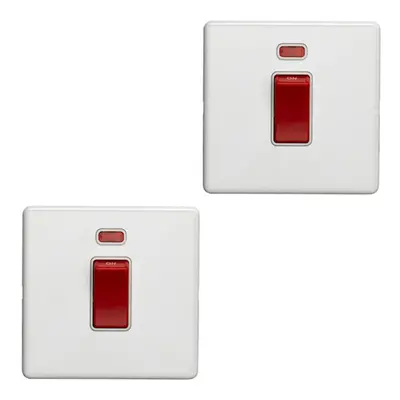 2 PACK Gang Single 45A DP Cooker Switch & Neon SCREWLESS MATT WHITE Rocker