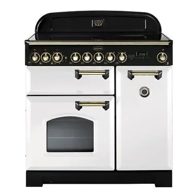 Rangemaster Classic Deluxe 90cm Electric Range Cooker with Ceramic Hob - White / Brass - A/A Rat