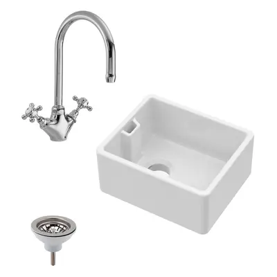 Fireclay Belfast Sink with Overflow, Mono Sink Mixer Tap & Waste Bundle - 460mm - Balterley