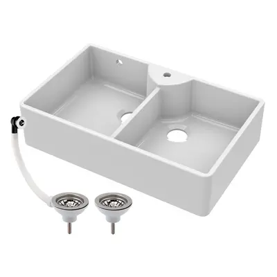 895mm - Double Bowl Fireclay Butler Kitchen Sink - Stepped Weir, Tap Hole & Waste