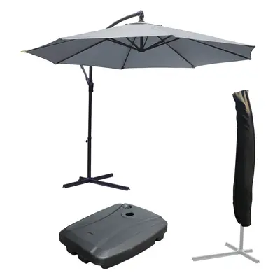 KCT 3m Large Grey Garden and Patio Cantilever Parasol with Protective Cover and Base