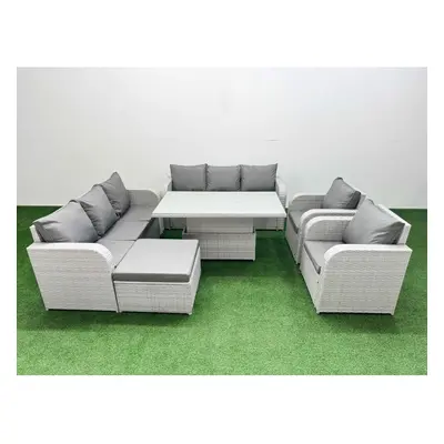 Fimous PE Rattan High Back Lounge Sofa Set with Seater Sofa Reclining Chair Big Footstool Light 