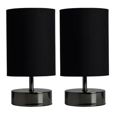 Pair of - Modern Black Chrome Touch Dimmer Bedside Table Lamps with Polycotton Black Light Shade