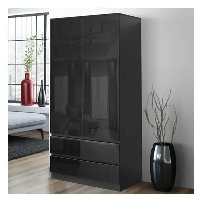 ((Black)) High Gloss Door Wardrobe With Drawers Cabinet Storage