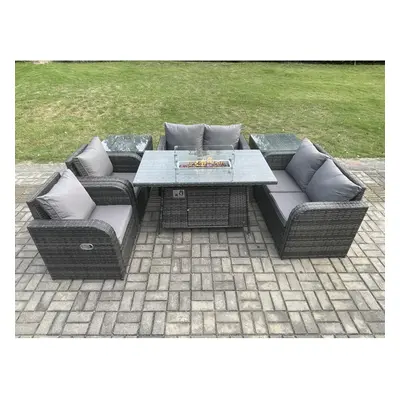 Fimous Seater Rattan Garden Furniture Set Propane Gas Fire Pit Table and Sofa Chair set with Sid