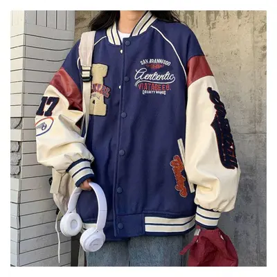 (blue, M) Vintage Bomber Jacket Women Harajuku Varsity Baseball Jackets Korean Fashion College U