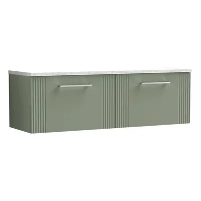 Retro Drawer Wall Hung Vanity Unit with Sparkling White Laminate Worktop - 1200mm - Satin Green 