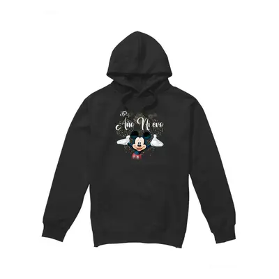 (S, Black) Disney Mens Spanish Mickey Mouse Fireworks New Year Hoodie