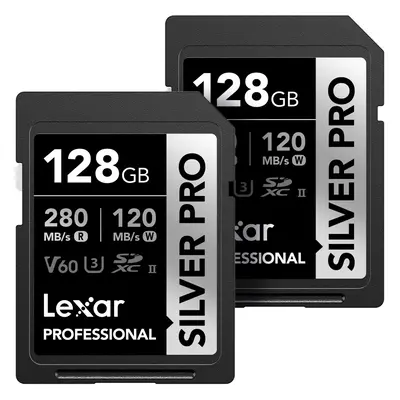 Lexar 128GB (2-PK) Professional SILVER PRO SDXC Memory Card UHS-II C10 U3 V60 Full-HD & 4K Video