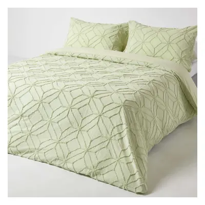 (King, Sage Green) Diamond Cotton Tufted Duvet Cover Set