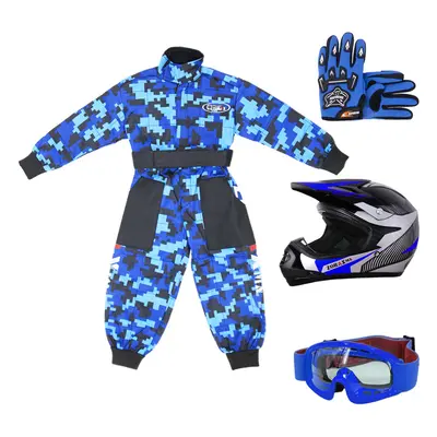 (Blue, S) ZORAX X19 Kids Motocross MX Helmet Motorbike Camo Suit Karting Gloves Goggles