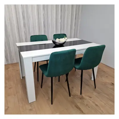 Dining Table Wooden White Black And Tufted Green Velvet Chairs