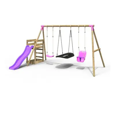 (Halley, Pink) Rebo Wooden Swing Set plus Deck & Slide