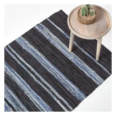 (160 x cm) Texas Leather & Denim Woven Striped Blue Rug