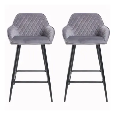 (DARK GREY) 2x Crushed Velvet Metal Leg Breakfast Bar Stools