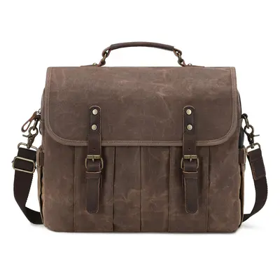 (Brown) Messenger Bag for Men 15.6 Inch Waterproof Vintage Genuine Leather Waxed Canvas Briefcas