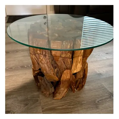 Teak Root Coffee Table Rustic Solid Wood Vintage Side End Furniture Round Glass